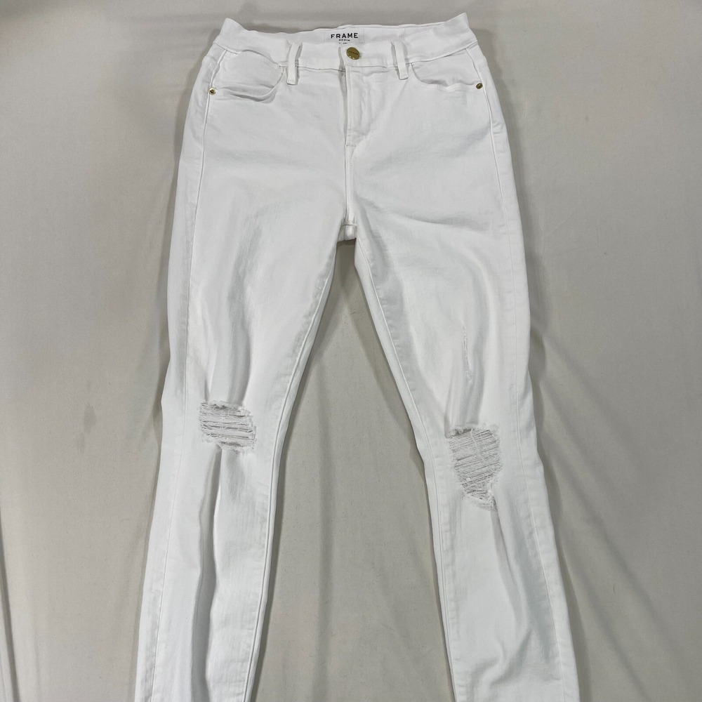 Frame Le High‎ Skinny Crop Ankle White Jeans Sz 26 Split Raw Hem Distressed